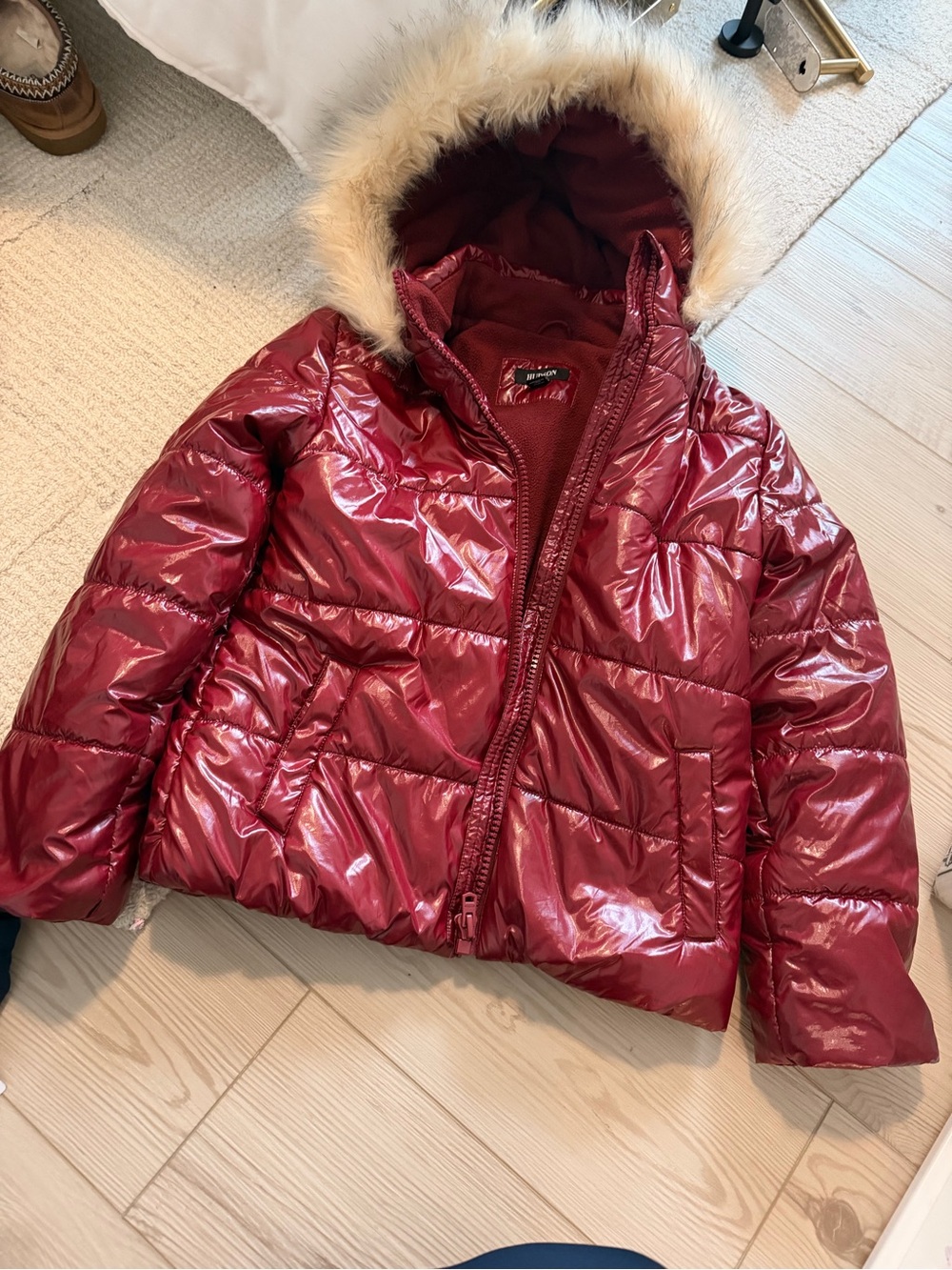 Hudson Jeans Girls' Shiny Burgundy Red Puffer Jacket with Faux Fur Trim Hood